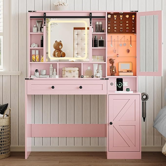 Makeup Vanity Desk with Sliding Mirror and Lights, Farmhouse Vanity Table Set with Power Outlet & RGB Cabinet, Dressing Table with Storage Drawers & Shelves for Kids Girls Women Bedroom, Pink