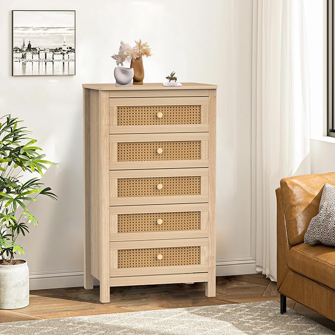 Farmhouse 5 Drawers Dresser, Wood Double Dresser Chest of Drawers Wide Storage Organizer Cabinet for Bedroom, Living Room, Rustic Grey, 5 Drawer