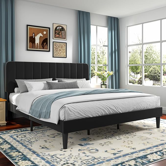 VECELO King Size Bed Frame with Upholstered Headboard, Velvet Platform Bedframe Mattress Foundation, Strong Wood Slat Support, No Box Spring Needed,Black