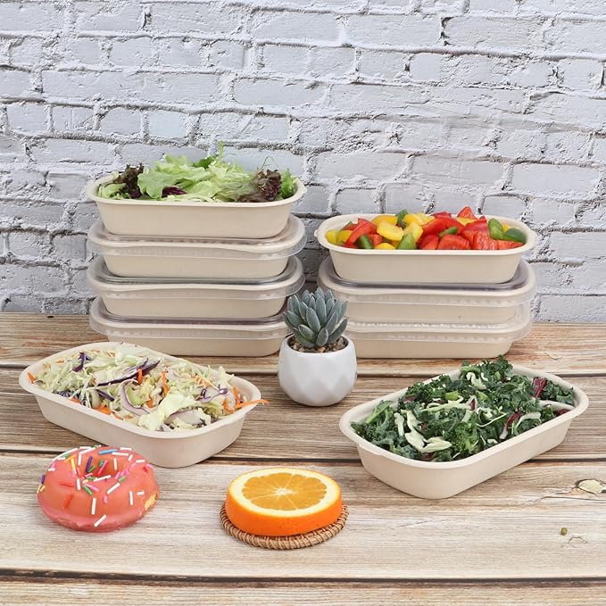 17 oz Disposable salad bowls with lids, Sugarcane Fiber Paper Bowls take away Bagasse food containers meal prep deli container 50 Pack