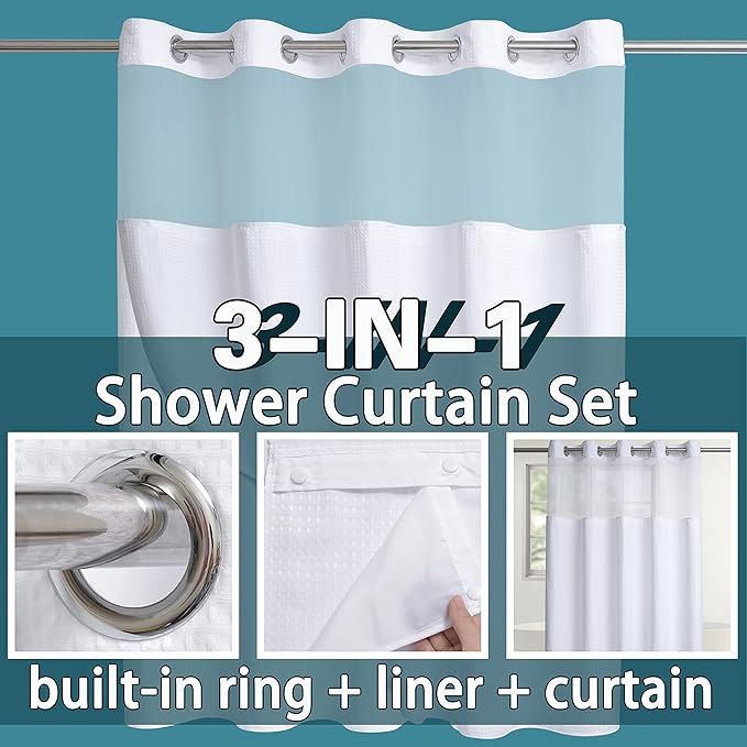 Conbo Mio No Hook Waffle Weave Shower Curtain with Snap in Liner Set, Hotel Luxury White Shower Curtains for Bathroom with See Through Top Window, Waterproof, Washable 71W x 74H