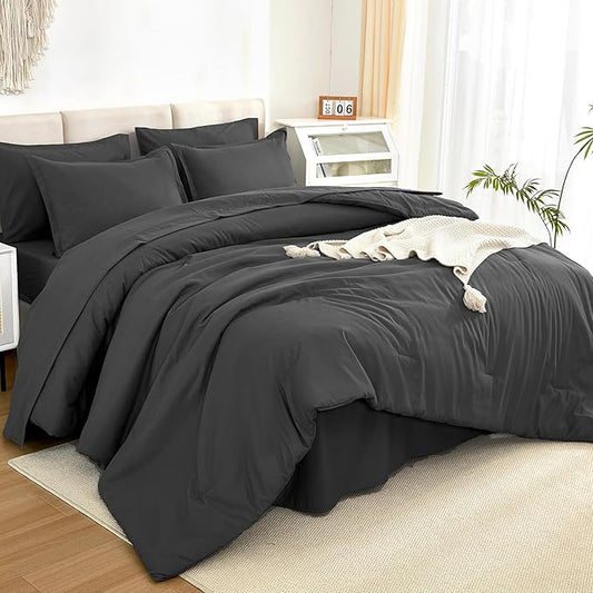 Litanika Comforter King Size Set Dark Grey - 7 Pieces Bed in a Bag King Bedding Comforter Sets, Plain Lightweight Bed Set with Comforter, Sheets, Pillowcases & Shams