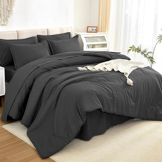 Litanika Comforter Queen Size Set Dark Grey - 7 Pieces Bed in a Bag Queen Bedding Comforter Sets, Plain Lightweight Bed Set with Comforter, Sheets, Pillowcases & Shams