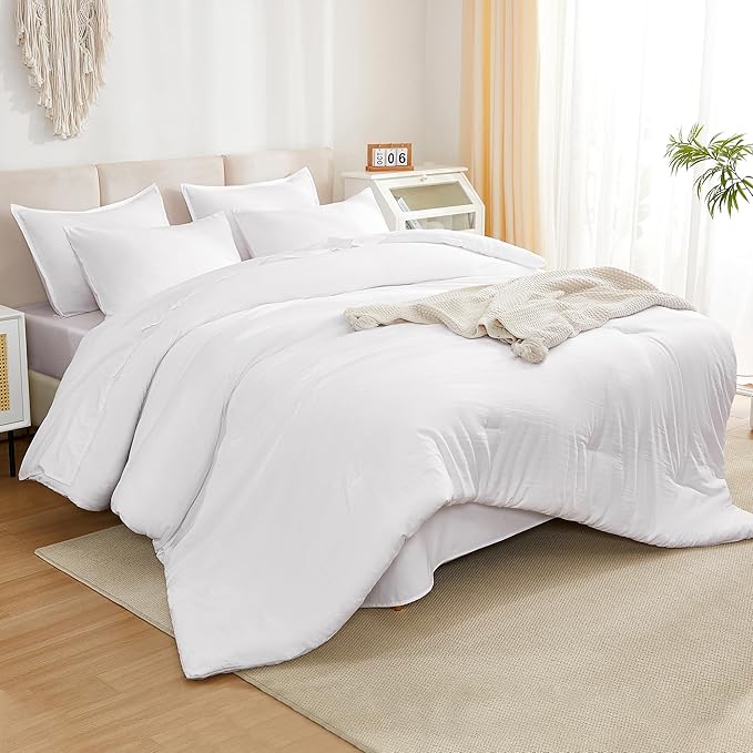 Litanika Comforter King Size Set White - 7 Pieces Bed in a Bag King Bedding Comforter Sets, Plain Lightweight Bed Set with Comforter, Sheets, Pillowcases & Shams