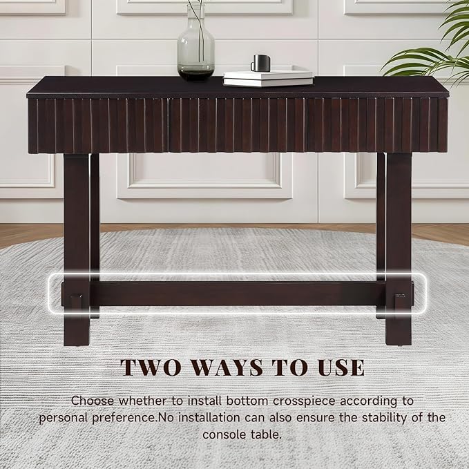 52" Console Table, Solid Wood Fluted Sofa Table Behind The Couch, Mid Century Farmhouse Entryway Table with 3 Drawers for Entrance, Hallway, Living Room, Foyer (Espresso)