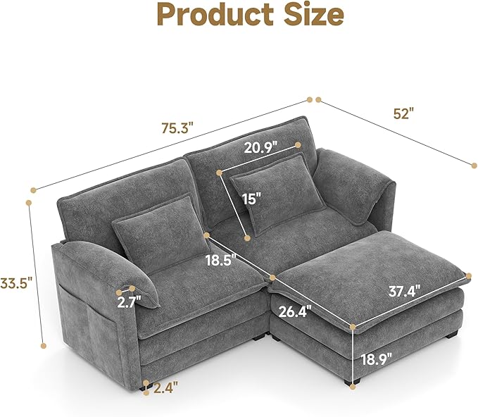 Real Relax 75.3'' Modular Sectional Sofa, Loveseat Chenille Convertible Couch with Movable Ottoman 4 Pillows and 2 Armrest Pillows for Living Room, Office and Leisure Places, Dark Gray