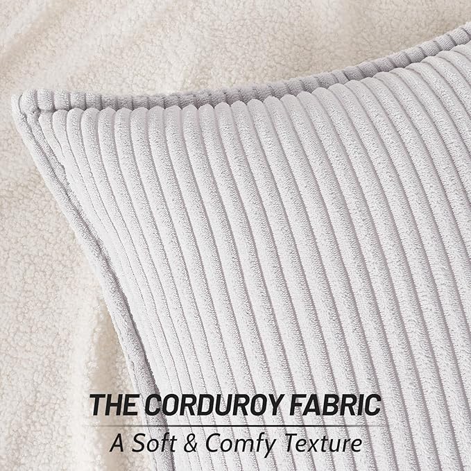 Mecatny Corduroy Throw Pillow Covers 12x20 Set of 2, Neutral Decorative Soft Boho Lumbar Couch Pillow Covers with Broadside for Sofa Living Room, Grey