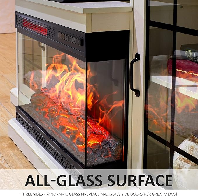 AMERLIFE 3-Sided Glass Fireplace TV Stand for TVs up to 65'' with 12 Color, Media Entertainment Center Console Table with Doors Closed Storage, Distressed White