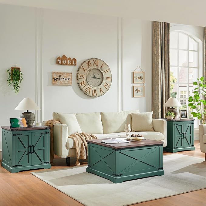 Farmhouse Square Coffee Table with Storage, Wood Center Table with Hinged Lift Top, Rustic Cocktail Table with Large Hidden Storage Compartment for Living Room, Bedroom,Green