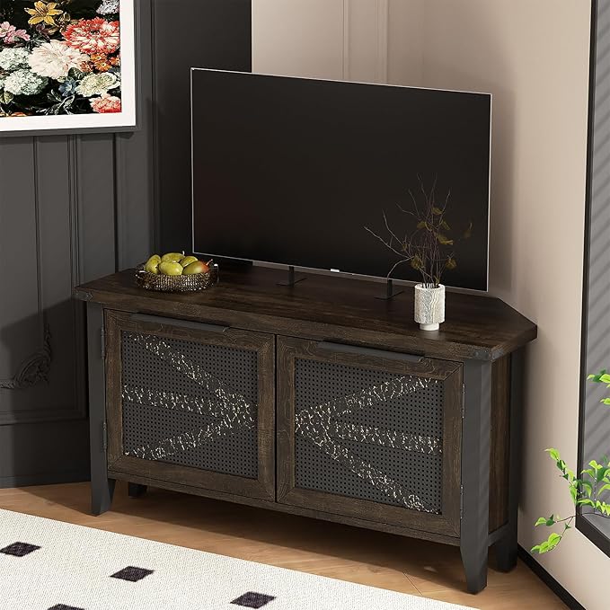 VFK Farmhouse Corner TV Stand for 50 Inch TV, Rustic Entertainment Center with Storage, Space-Saving Media Console Table for Living Room & Bedroom