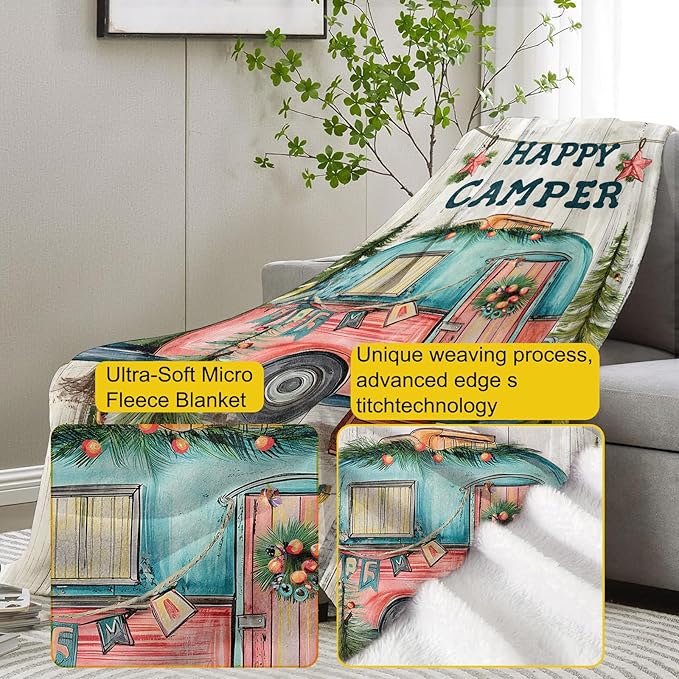 Camper Flannel Blanket, Camp Gifts, Camping-Themed Blanket for Women, Soft Lightweight Throw Blankets for Bed Home Travel Decor 60" x 80"