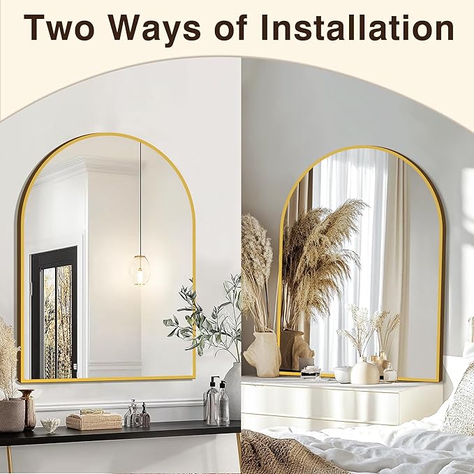 FICTOR Bathroom Vanity Mirror for Wall,40”x30” Large Arched Metal Framed Bathroom Mirror for Over Sink, Entryway, Living Room,Bedroom(Gold)