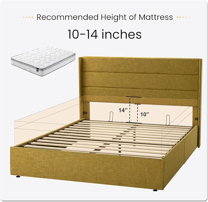 SHA CERLIN Full Size Lift Up Storage Bed/Modern Wingback Headboard/Upholstered Platform Bed Frame/Hydraulic Storage/No Box Spring Needed/Wood Slats Support/Olive Yellow