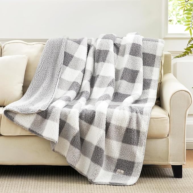 Cozy Bliss Ultra Soft Reversible Double Sherpa Sided Blanket, Buffalo Plaid Throw Blanket Fluffy Thick Warm Plush Fuzzy Blanket for Couch, Bed and Gifts (Grey, 50" x 60")