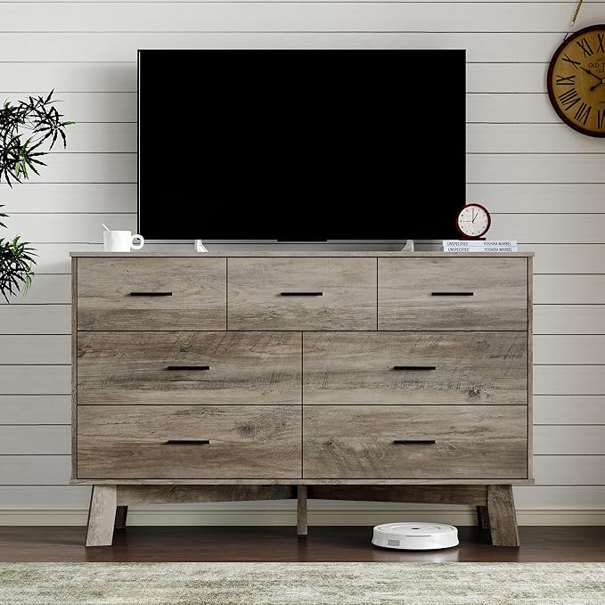 Dresser for Bedroom with 7-Drawer, 47.2" Wide Modern Chest of Drawers with Metal Handles, X-Shape Base & Adjustable Center Leg, Anti-Tip Closet Organizers and Storage