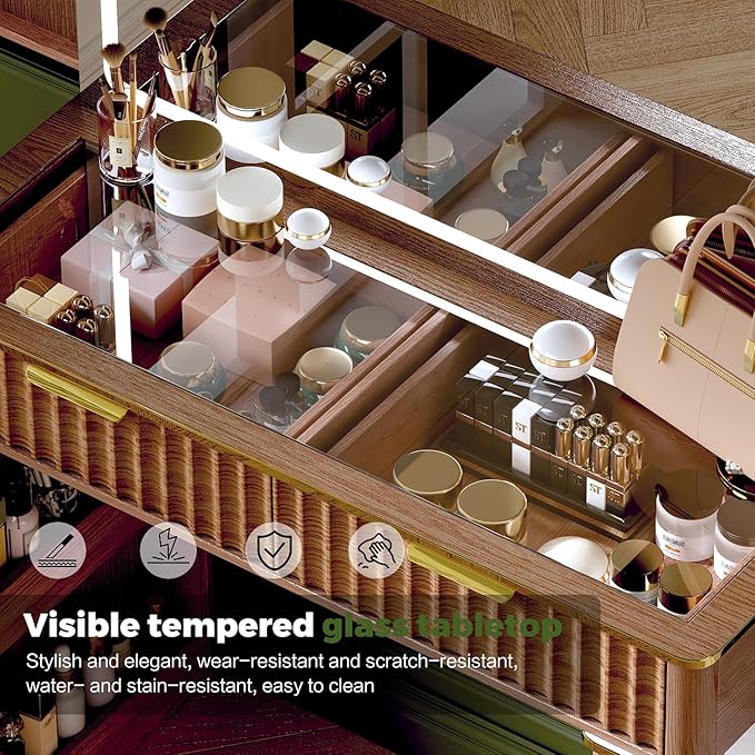 Modern Vanity Desk with Mirror and Lights, 49.2'' Fluted Makeup Vanity Desk with 5 Drawers and Shelves,Dressing Table with Glass Top and Power Outlet for Bedroom,Walnut