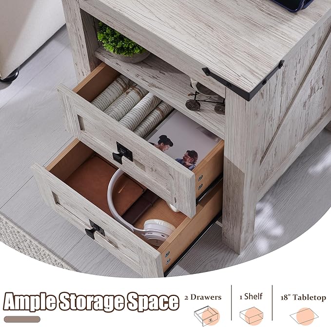 T4TREAM Farmhouse Nightstand Set of 2 with Charging Station, Rustic End Table with 2 Drawers, Storage Open Shelf for Bedroom, Living Room, Wood Side Table, Antique Brush White