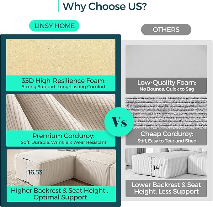 LINSY HOME Modular Sectional Sofa, 105" Boneless Couch L Shaped 3-Seat Sofa with Movable Ottoman, Corduroy Sectional Cloud Couches for Living Room, No Assembly Required, Beige