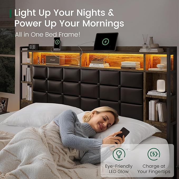 Queen Size Bed Frame with 4 Storage Drawers and Bookcase Headboard, Faux Leather Upholstered, Wooden Platform Bed Frame with Charging Station and LED Lights, No Box Spring Needed, Brown