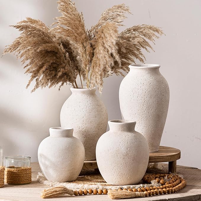 Vanselia Ceramic Flower Vase Home Decor - Farmhouse Table Vases Rustic Vintage Living Room Kitchen Bedroom Decorations for House Book Shelf Office Coffee Desk Dining Fireplace (7.4" Rustic)