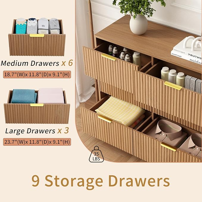9 Drawer Dresser for Bedroom with Deep Drawers, 63" Wide Wood Dresser, Large Floor Chest of Drawers, Modern Long TV Stand, Mid Century Storage Cabinet Side Table, Natural