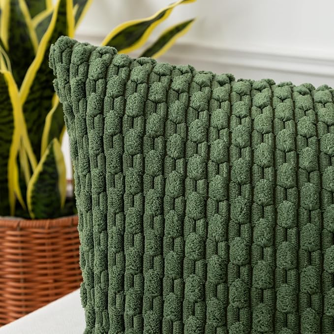 Kevin Textile Throw Pillow Covers Soft Corduroy Decorative Set of 2 Boho Striped Pillow Covers Pillowcases Farmhouse Home Decor for Couch Bed Sofa Living Room 12x20 Inch Moss Green