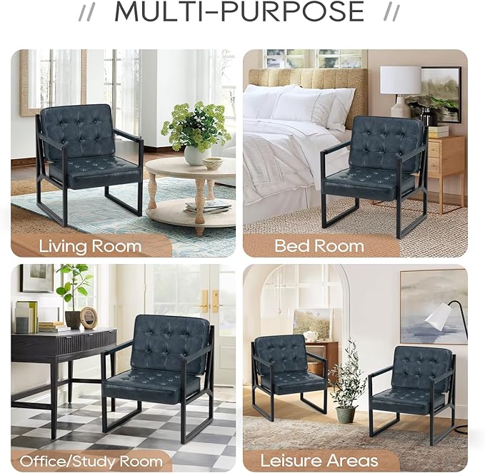 COLAMY Modern Accent Chair, Accent Arm Chair for Living Room, Comfy Leather Armchair with Metal Legs for Bedroom Reception Waiting Room, Blue