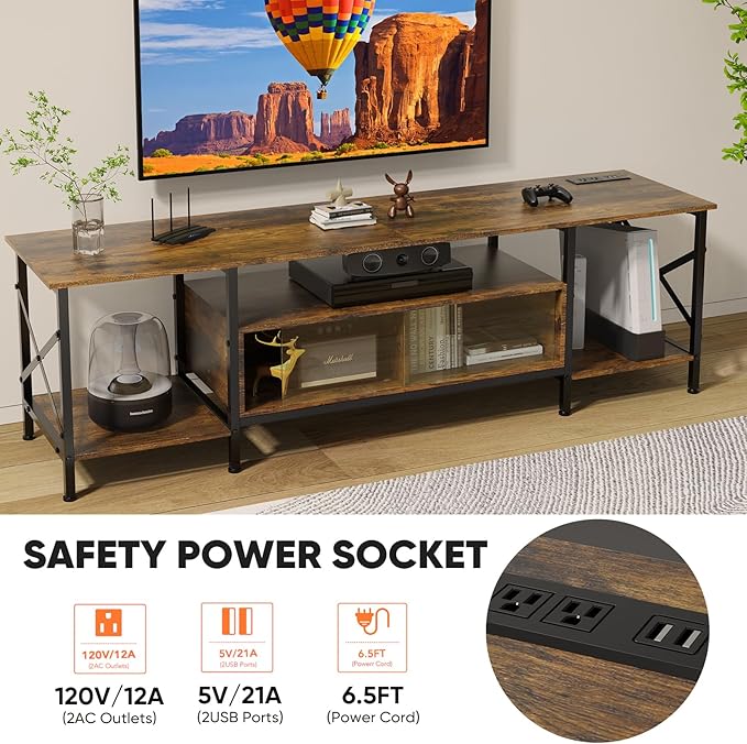 TV Stand with Fabric Drawers for 65 70 75 lnchesTV-Entertainment Center and Industrial TVConsole Table with Open Storage Shelves for LivingRoom, Bedroom -63" Rustic Brown