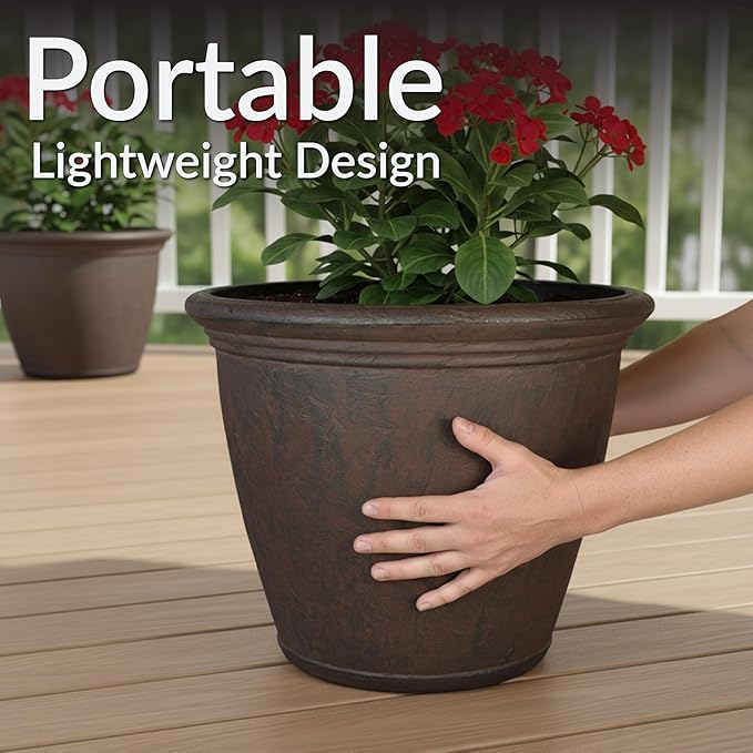 Sunnydaze 15.25-Inch Anjelica Large Plastic Pot for Plants - Double-Walled Outdoor Polyresin Round Planter with Drillable Drainage Holes - Rust - 4pk