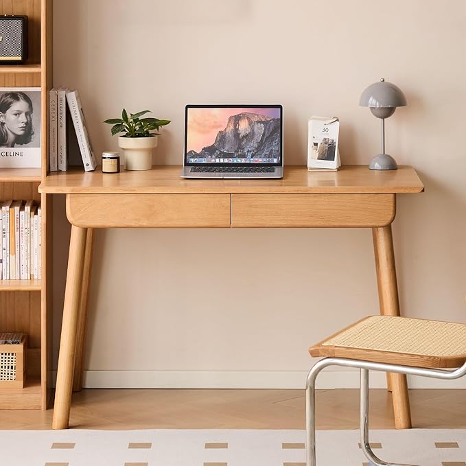 Solid Wood Desk, Mid Century Modern Home Office Desk, Computer Desk with Drawer for Writing Study Vanity 41.33" W