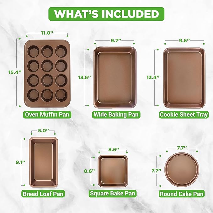 NutriChef 6-Piece Nonstick Bakeware Set, Carbon Steel Baking Pans, Includes Cookie Trays, Wide & Square Bake Pan, Bread Loaf & Round Cake Pan, Muffin Pan - Gold