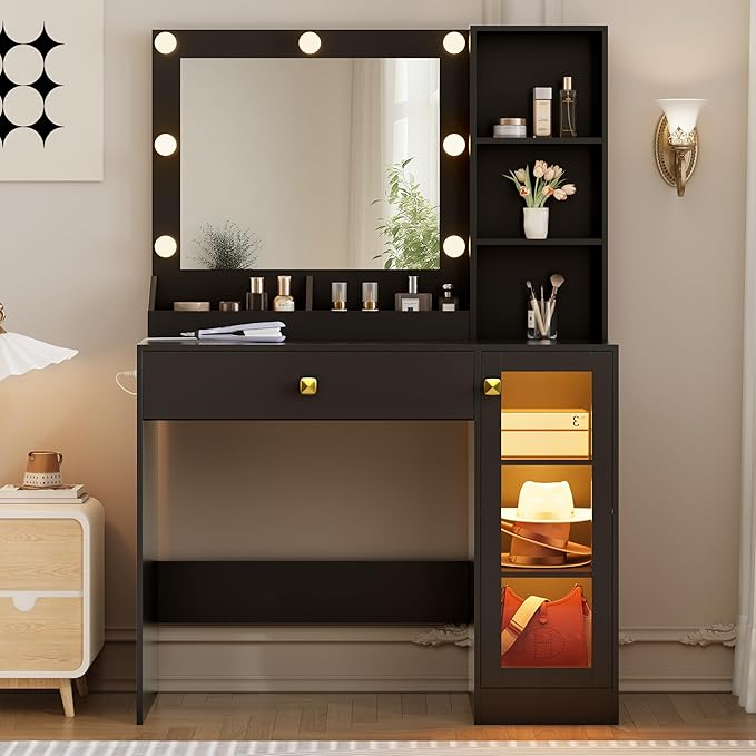 Makeup Vanity with Mirror and Lights, 34'' Wide Dressing Table with Charging Station & RGB Glass Cabinet, Small Vanity Desk with 3 Color Lighting Modes & Adjustable Brightness, Black