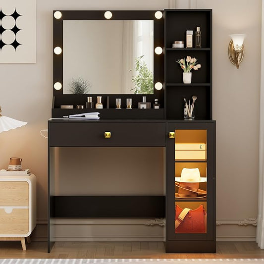 Makeup Vanity with Mirror and Lights, 34'' Wide Dressing Table with Charging Station & RGB Glass Cabinet, Small Vanity Desk with 3 Color Lighting Modes & Adjustable Brightness, Black