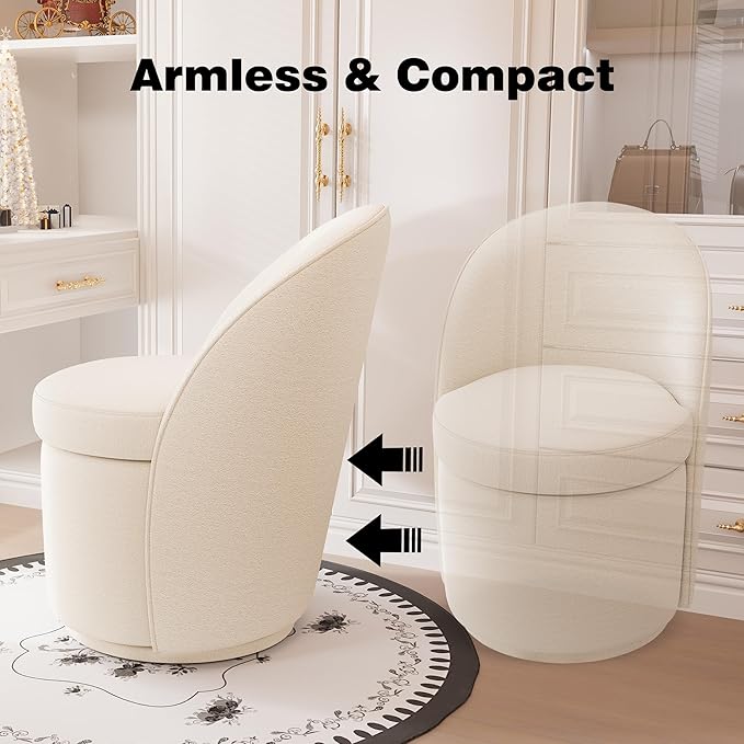 YOUNIKE Vanity Bench Boucle Fabric White Solid Wood Swivel Accent Chair with Backrest Easy Assembly Dressing Stool for Bedroom & Makeup Room