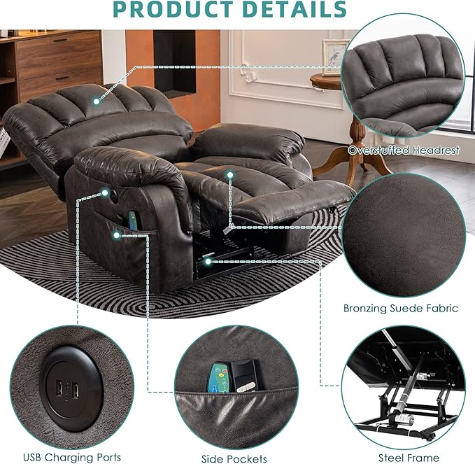 MEETWARM Large Infinite Position Dual Motor Recliner Chair for Big and Tall Elderly, Oversized Lay Flat Sleeper Power Lift Recliner with Massage Heat, 2 Remote Controls/USB Port/Side Pockets(Gray)