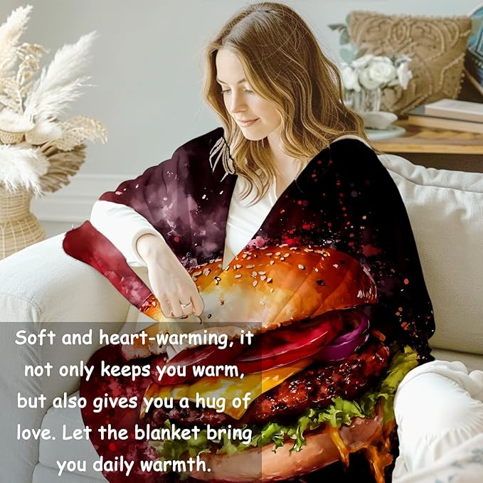 Juicy Cheeseburger Flannel Blanket, Hamburger Gifts, Food-Themed Blanket for Women, Soft Lightweight Throw Blankets for Bed Home Travel Decor 60" x 80"