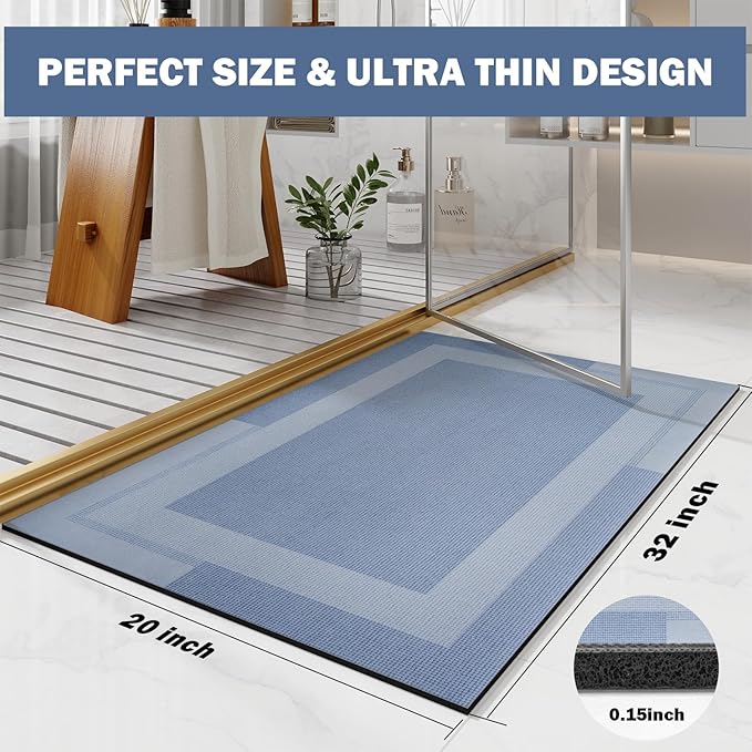 Non Slip Bath Mat, Rubber Backing Ultra Thin Bathroom Rugs Fit Under Door Quick Dry Super Absorbent Washable Bath Rug Shower Mat for Bathroom Floor Bathtub Shower Sink, Easy Care Blue 20"x 32"