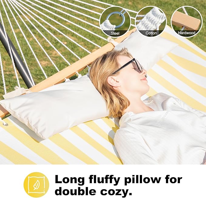 Waterproof Double Hammock with Stand for Outside 2 Person 55'' Large Quick Dry Textilene Hammocks with Hardwood Spreader Bar, Pillow, Pockets, for Outdoor, 475lbs Capacity (Yellow & White)