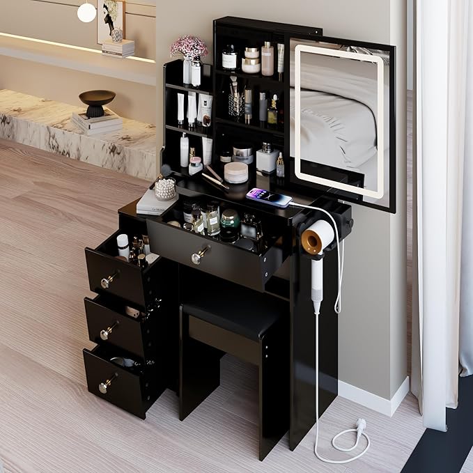 29.2" Small Vanity Desk with Mirror and Lights, Makeup Table with 2 AC+2 USB Power Station, Hair Dryer Bracket, Vanity Set with Drawers and Stool for Small Space Bedroom, Black