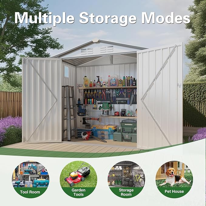 6 x 4 FT Outdoor Storage Metal Shed, Bike Garden Tool Shed with Slooping Roof, Lockable Doors and Aluminum Frames, Shed Easy to Assemble for Garden, Patio, Lawn, White