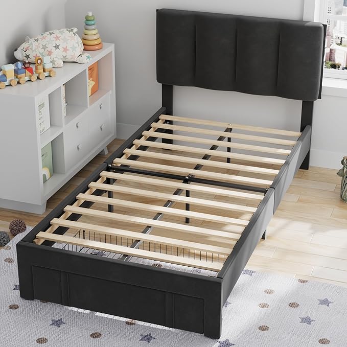VECELO Twin Size Bed Frame with Storage Drawer, Heavy-Duty Platform Bedframe with Headboard & Strong Wooden Slats Support, No Box Spring Needed, Black