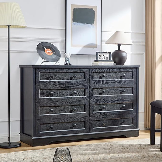 SOOWERY Dresser for Bedroom, Farmhouse Dresser with 8 Wooden Drawers and Storage Cabinet, 55 Inches Wide Chest of Drawers for Bedroom, Living Room, Hallway, Black