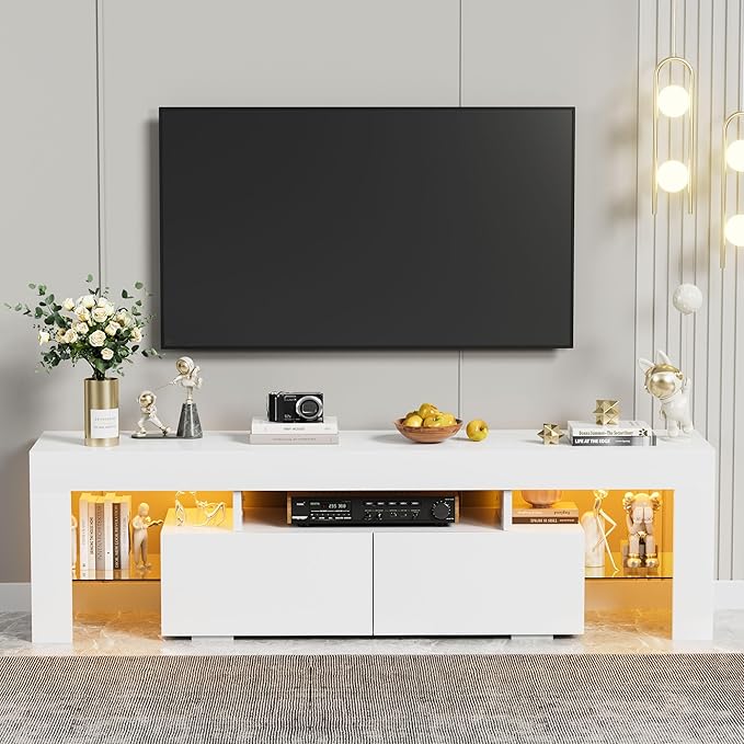 YESHOMY Modern LED TV Stand for Televisions up to 70 Inch with Glass Shelves and Drawer, Gaming Entertainment Center with Multiple Dynamic RGB Modes, for Livingroom, Bedroom, 60 Inch, White