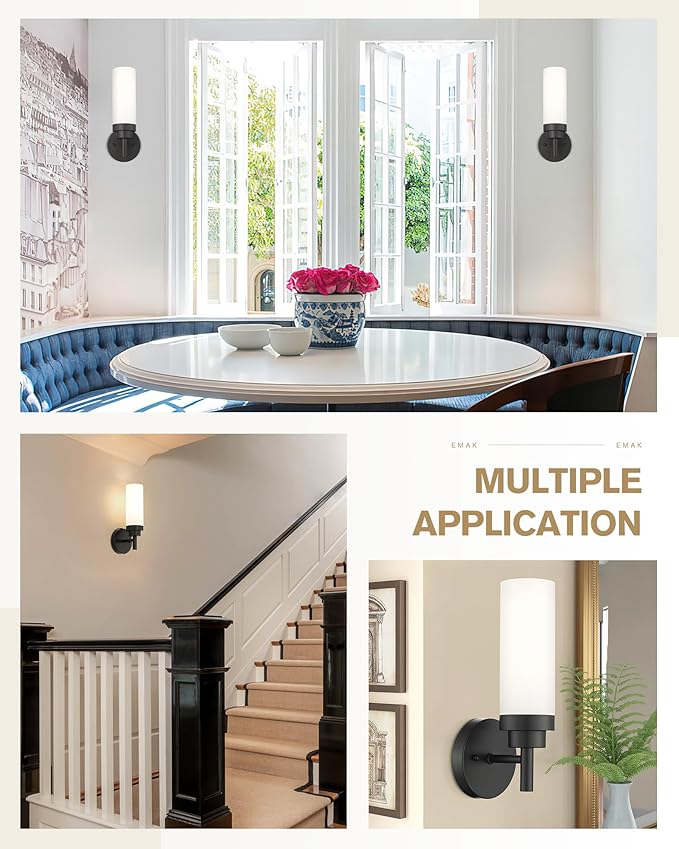 Emak Modern Wall Sconce Set of 2, Black Bathroom Light Fixtures with Milk Glass Shade, Farmhouse Wall Lamp for Bathroom, Bedroom, Living Room, Hallway, WS085-BK-ML-2PK