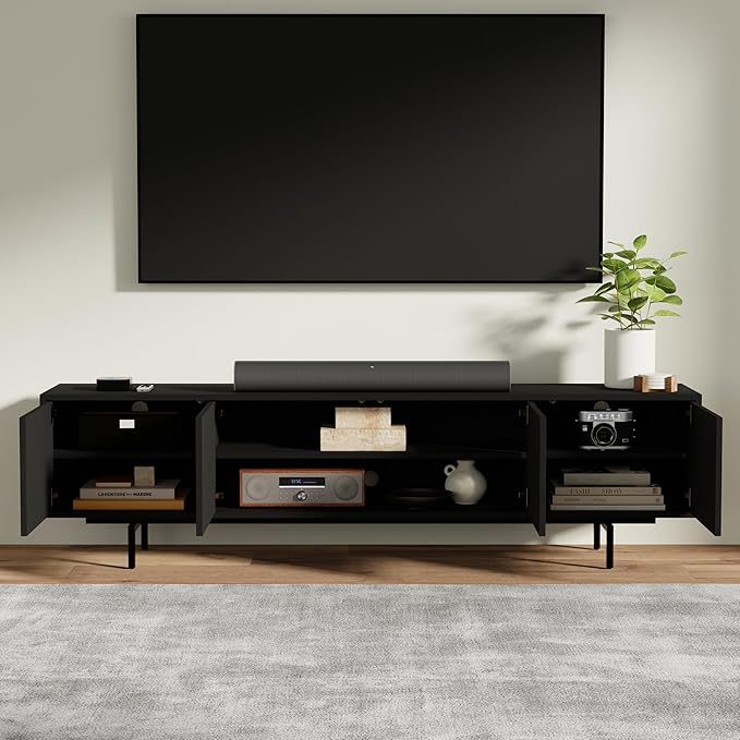 Norrhaus 75" x 20" 4-Door TV Stand in Black - Modern TV Console Made from Quality Engineered Hardwood with Water Resistant Melamine Veneer - No Tools Frame Assembly