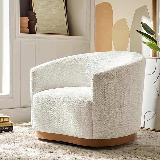 HULALA HOME Chenille Swivel Accent Chair, Fully Assembled, Comfy Upholstery Barrel Armchair with Sturdy Solid Wood Base, Ivory