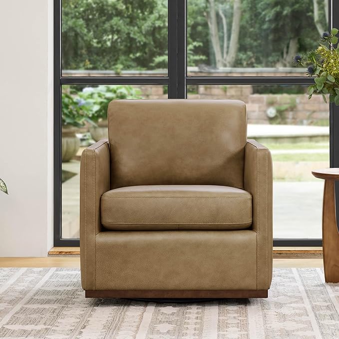 CHITA Genuine Leather Swivel Accent Chair, FSC Certified Mid Century Modern Arm Chair for Living Room and Bedroom, Fully Assembled, Mocha