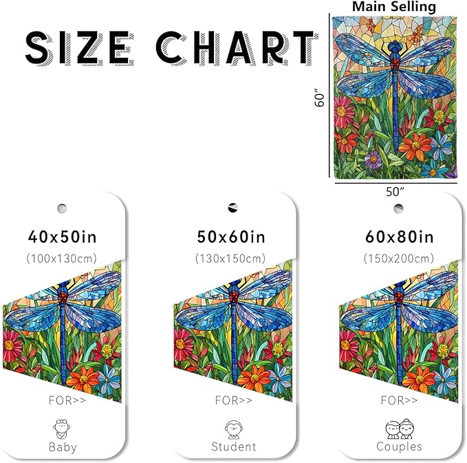 Colorful Dragonfly Blanket, Cozy Flannel Stained Glass Art Style Throw Blanket for Couch Outdoor, Plush Soft Lightweight Travel Blankets for Bed Decor and Gifts, for Women Adults Kids 60"x80"