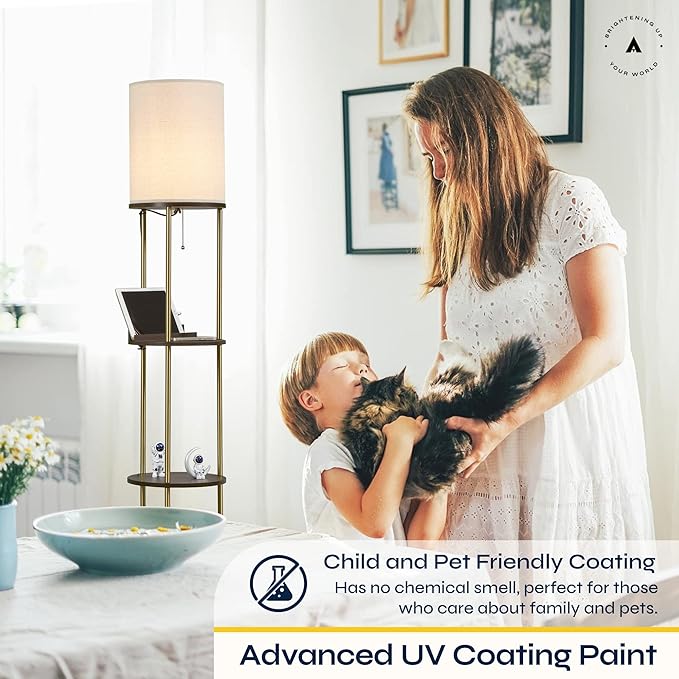 ATAMIN Modern Floor Lamp with Shelves and Fast Charging Ports – USB-C, USB, Wireless Charging, and Compact Storage Shelf Lamp for Connected Living