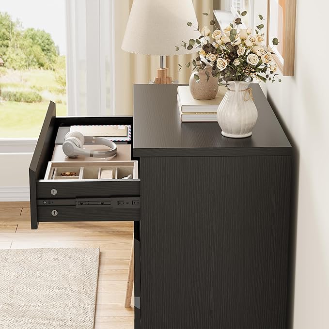 Black 6 Drawer Dresser for Bedroom, 15.3" D x 47.2" W x 32.3" H in Simply Modern Chest of Drawers, Wood Storage Double Dresser with Deep Drawers for Living Room, Hallway Entryway, Black